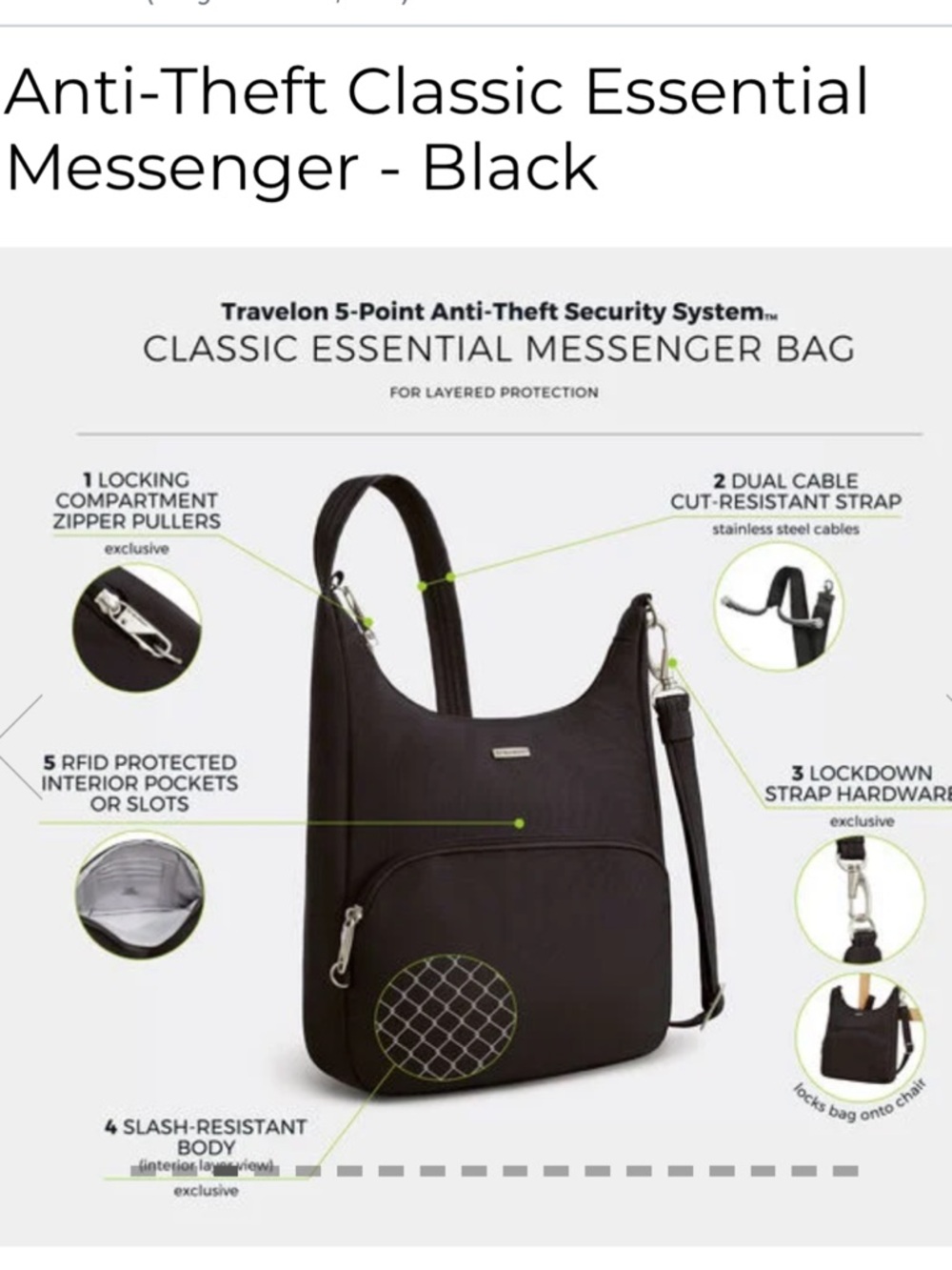 Travelon Black Anti-Theft Crossbody Bag - Picture 2 of 5